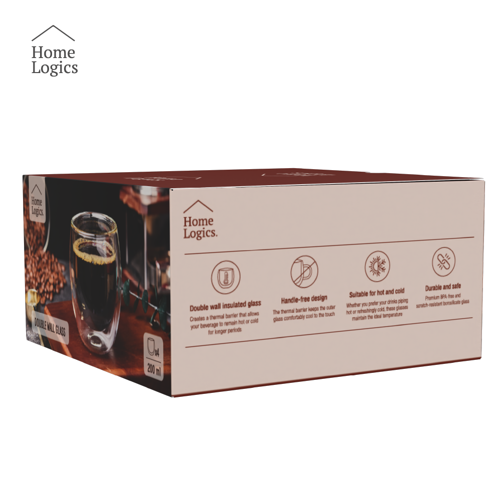 Set 4 Vasos Vidrio Doble Pared Classic 200 ml Home Logics 4 un