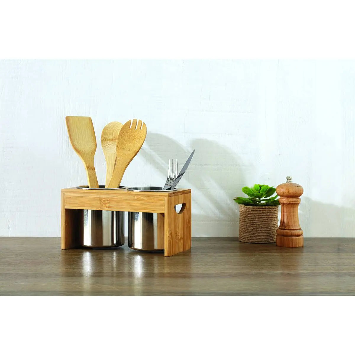 Juego 2 Escurridores Cubiertos Acero Inoxidable Soporte Bambú 5Five 1 un