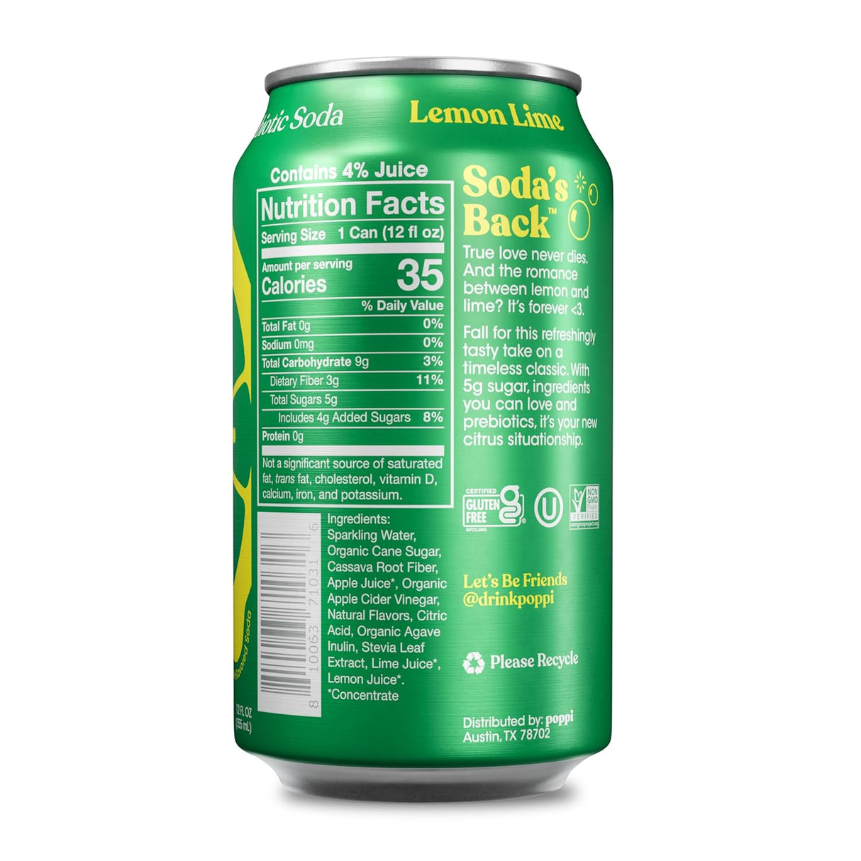 Bebida Prebiotic Lemon Lime Lata Poppi 355 ml