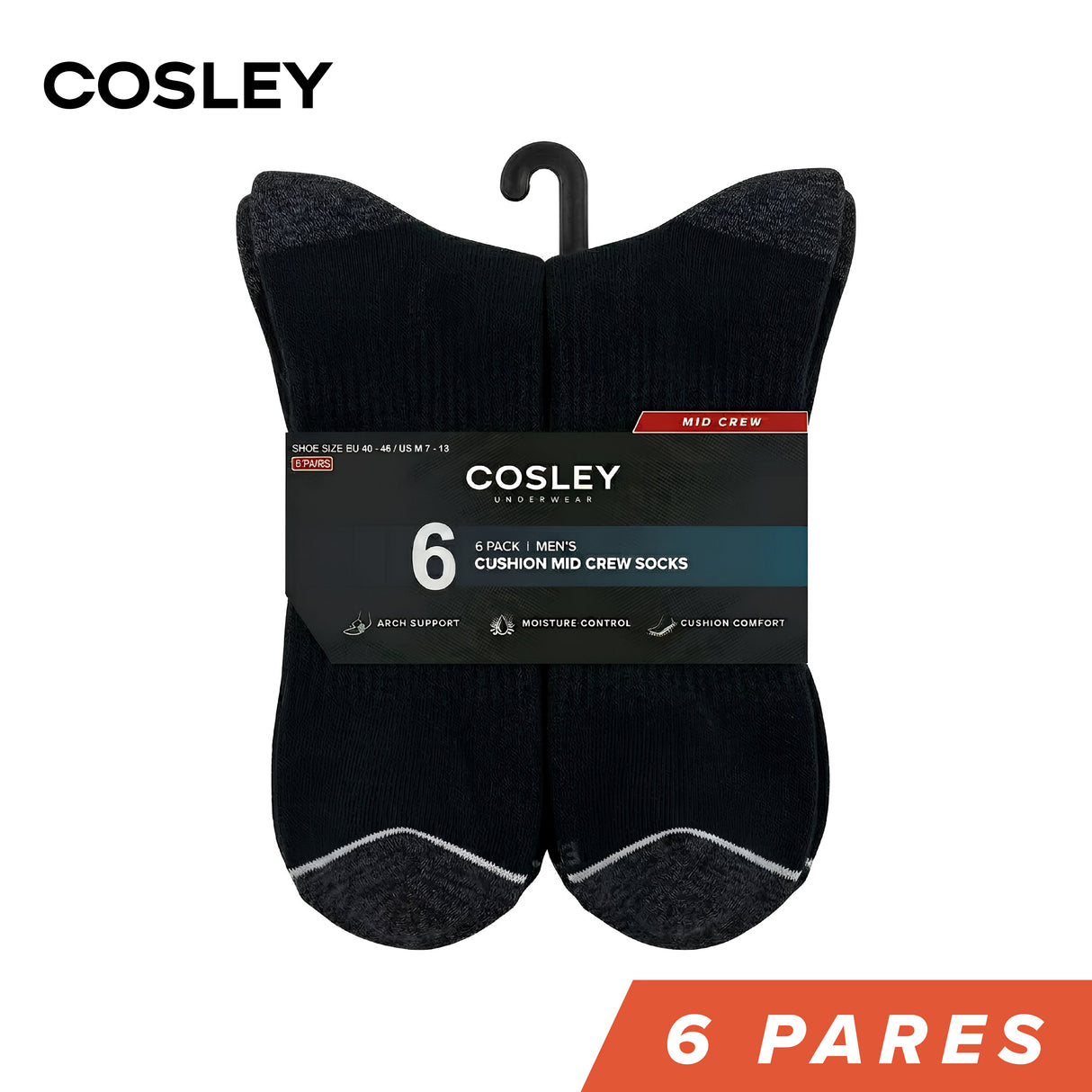 Calcetines Hombre Acolchados Crew Black Cosley Pack 6