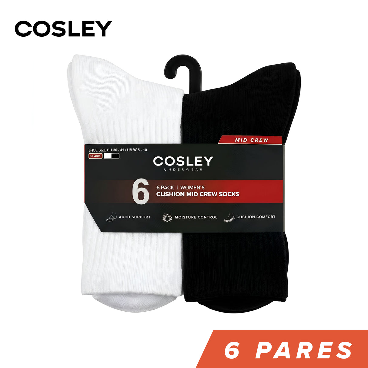 Calcetines Mujer Cushion Mid-Crew Black&White Cosley Pack 6