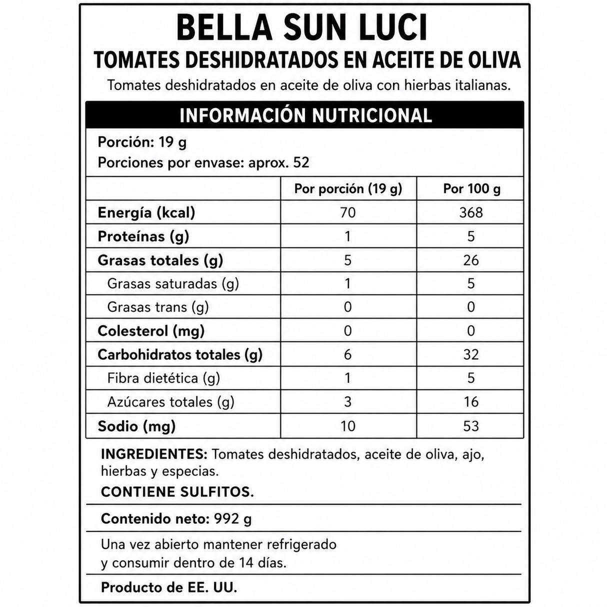Tomates Deshidratados en Aceite de Oliva Bella Sun Luci 992 g
