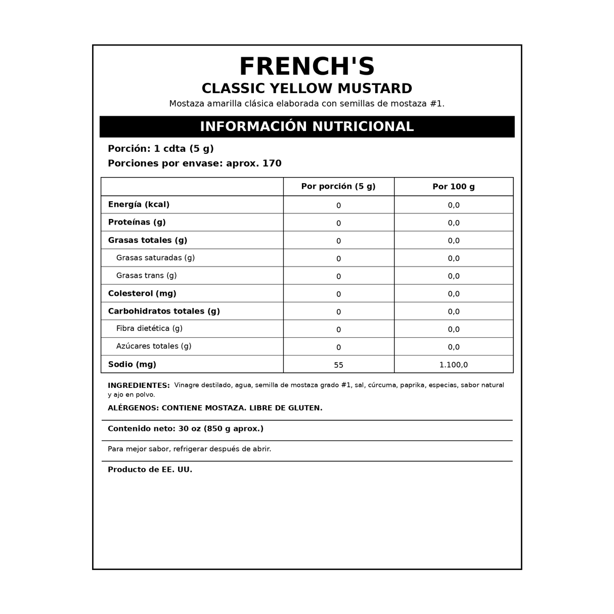 Mostaza Amarilla Clásica French's 850 g