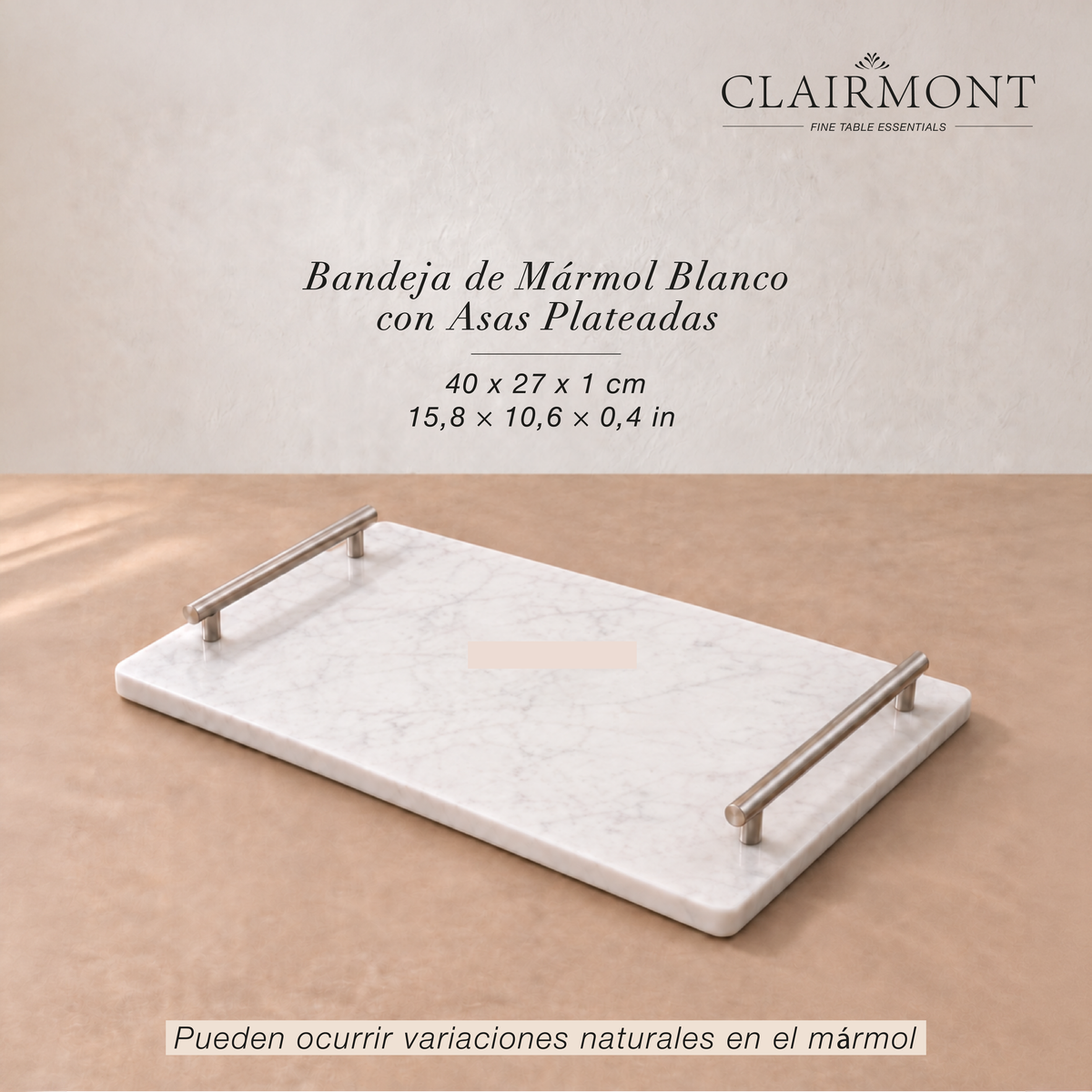 Bandeja de Mármol Blanco con Asas Plateadas Clairmont 1 un