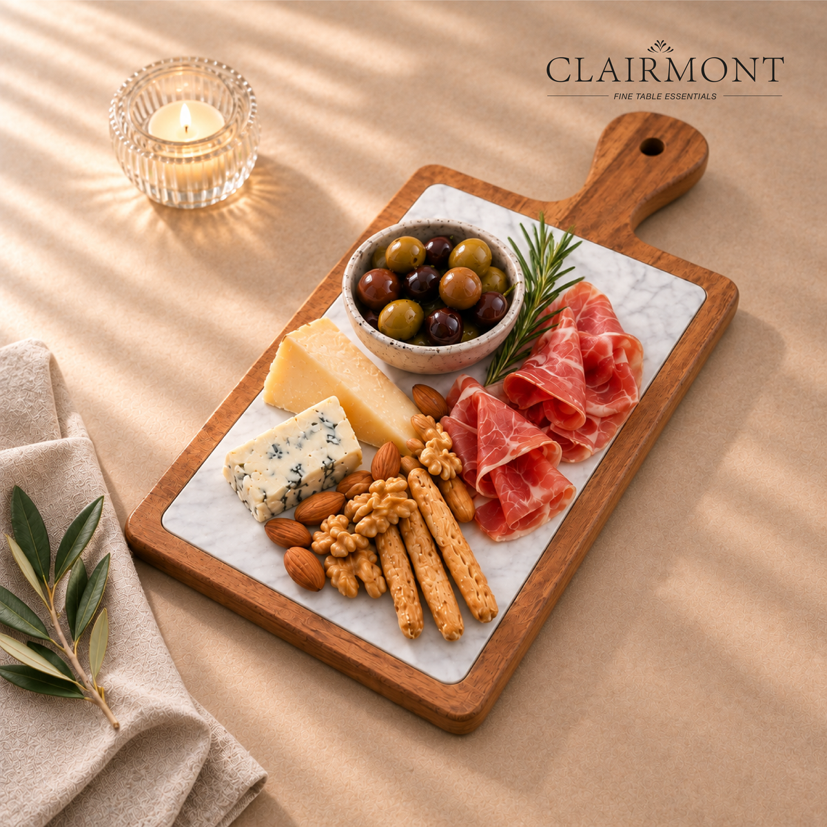 Tabla de Madera de Acacia y Mármol Blanco Clairmont 1 un