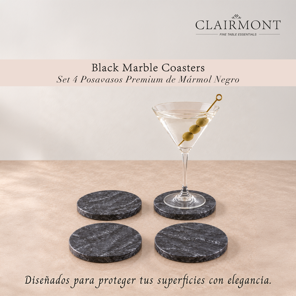 Set 4 Posavasos Premium de Mármol Negro Clairmont 1 un