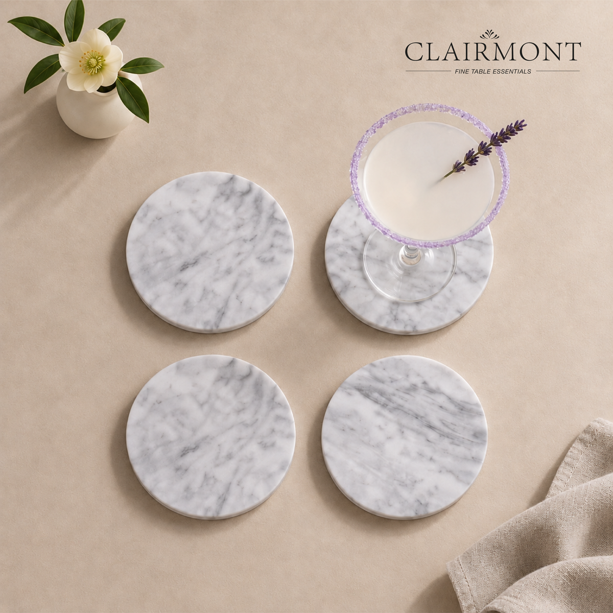 Set 4 Posavasos Premium de Mármol Blanco Clairmont 1 un