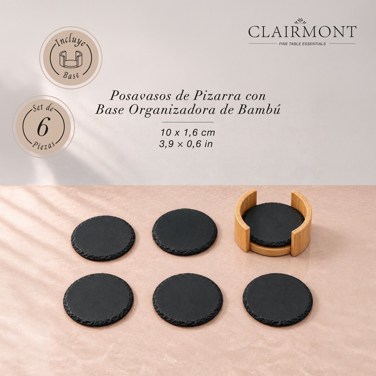 Set 6 Posavasos de Pizarra con Base Organizadora de Bambú Clairmont 1 un
