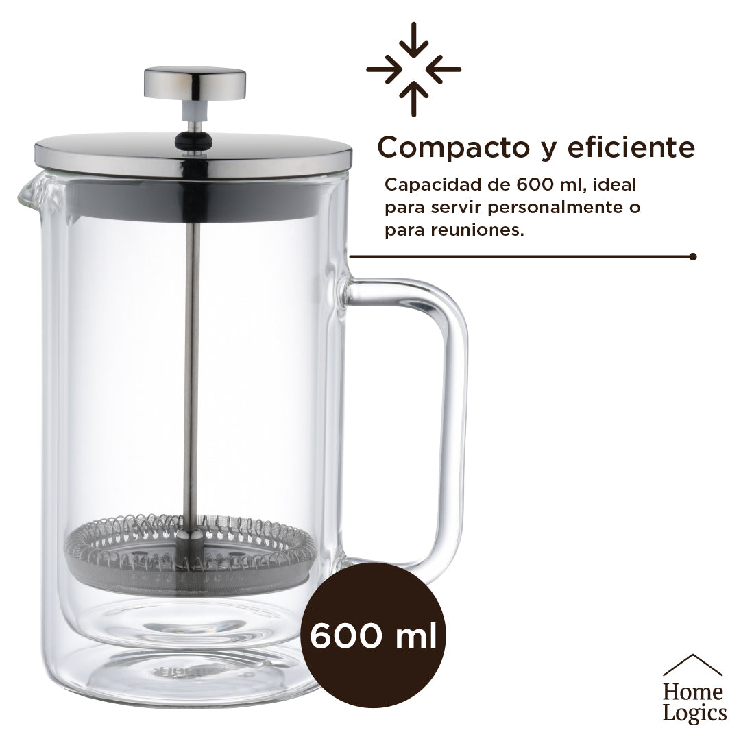 Cafetera Prensa Francesa Vidrio Doble Pared 600 ml Home Logics 1 un