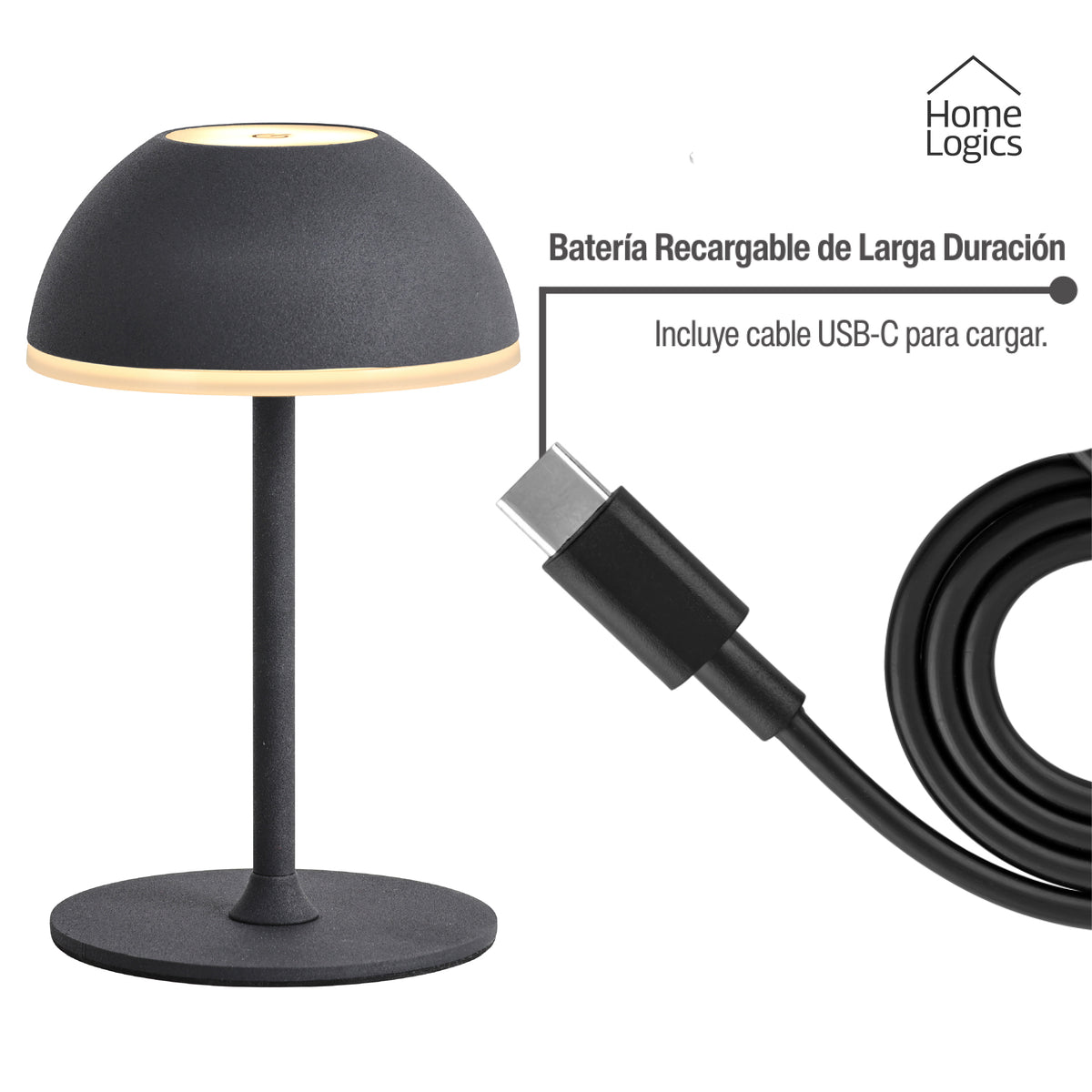 Lampara de Mesa LED Táctil Inalambrica Recargable Redonda Black Home Logics 1 un