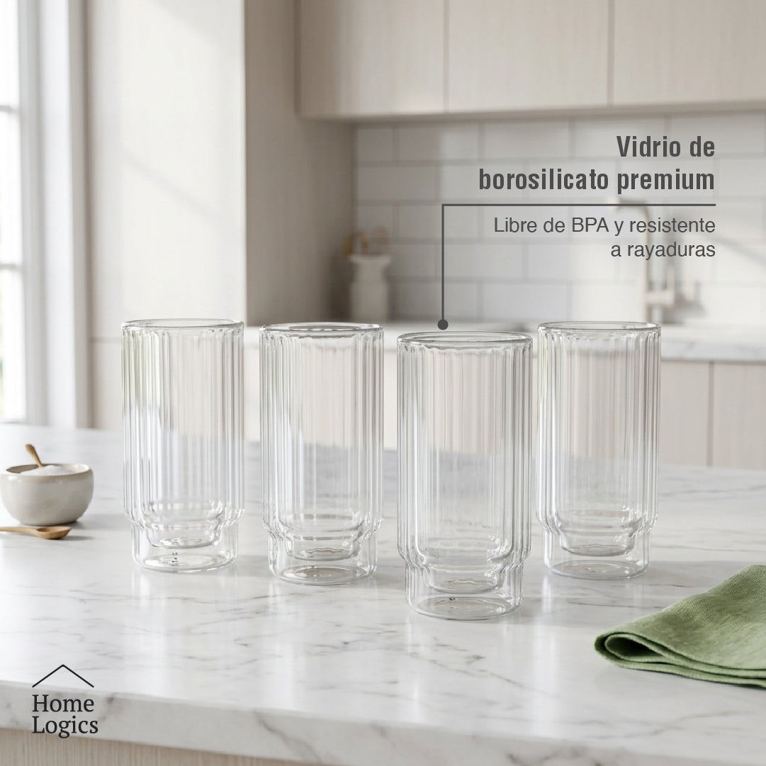 Set 4 Vasos Doble Vidrio con Líneas 300 ml Home Logics 1 un