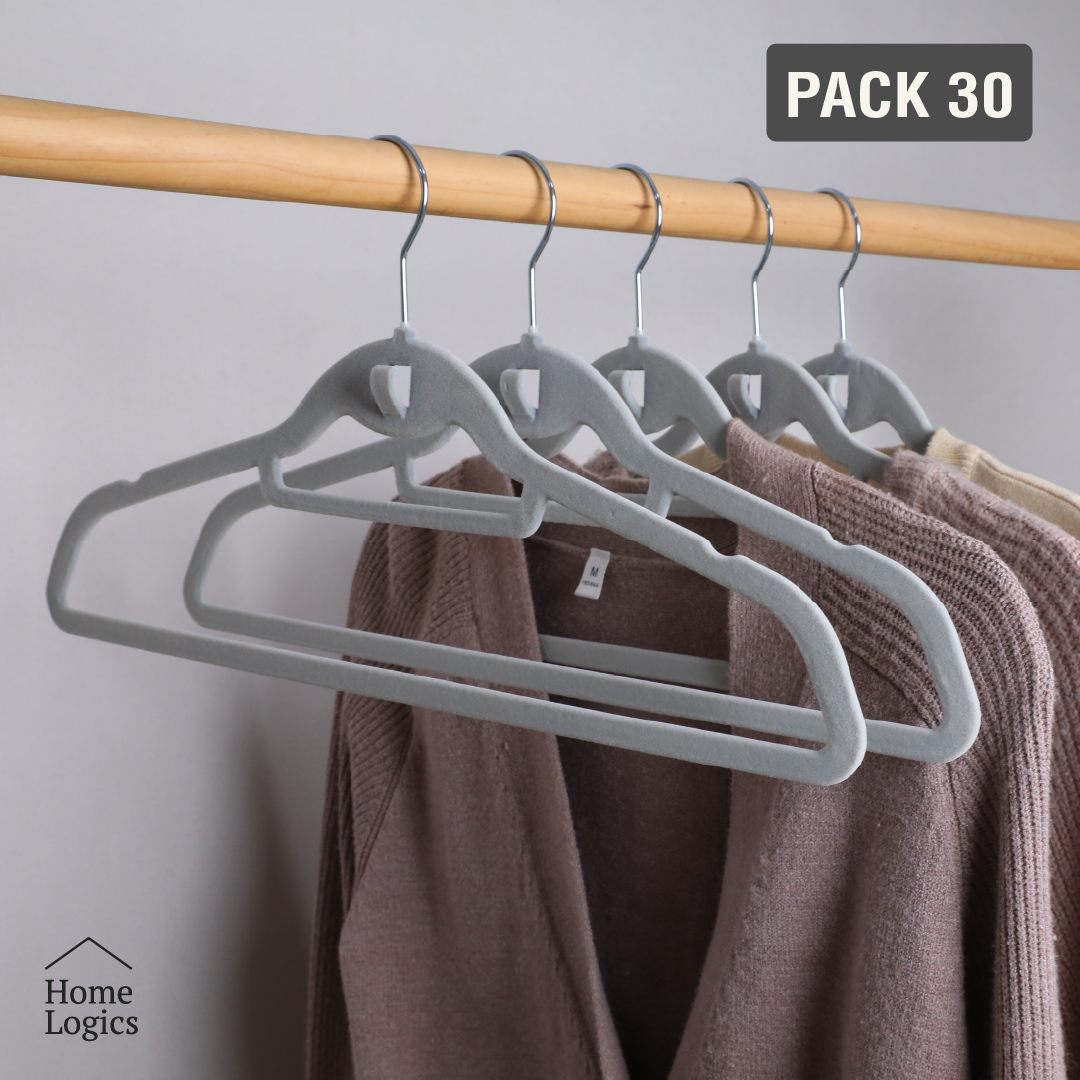 Set 30 Colgadores de Ropa Antideslizantes Gris Velvet Home Logics 30 un