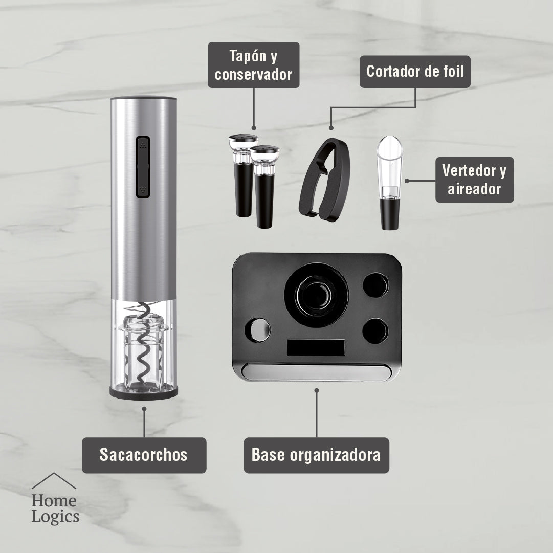 Kit Sacacorchos Eléctrico Recargable con 5 Accesorios Home Logics 1 un