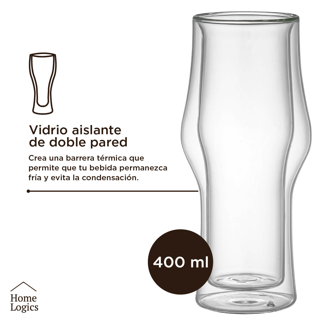 Set 2 Vasos Cerveza Vidrio Doble Pared 400 ml Home Logics 1 un
