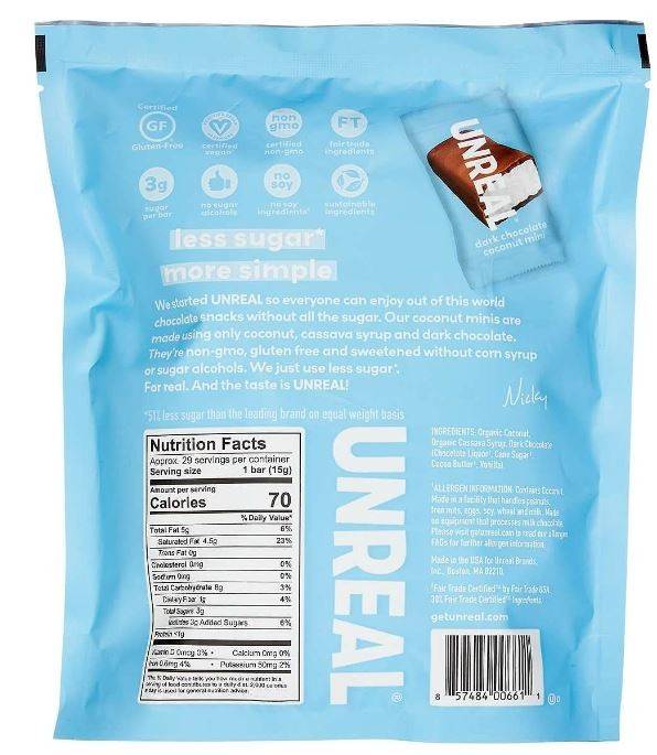 Barras de Coco y Chocolate Negro Unreal 435 g