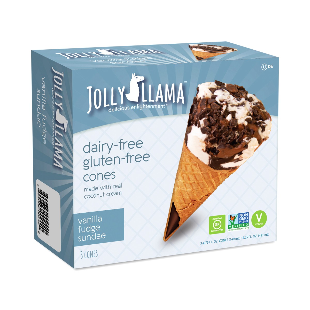 Helado Cono Vainilla Fudge Sundae sin Lácteos Jolly Llama 3 un x 140 ml