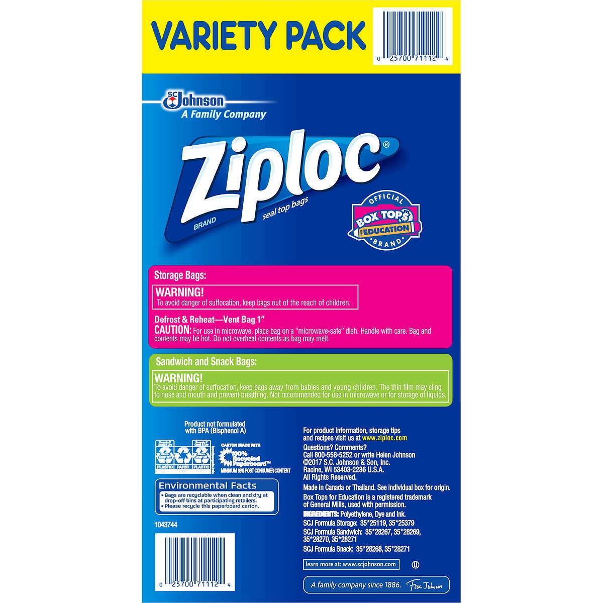 Bolsas Plásticas 4 Variedades Ziploc 347 un