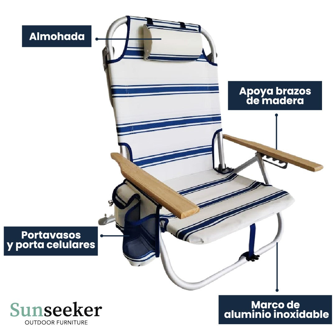 Silla Playa 5 Posiciones Reposabrazos Madera Sunseeker