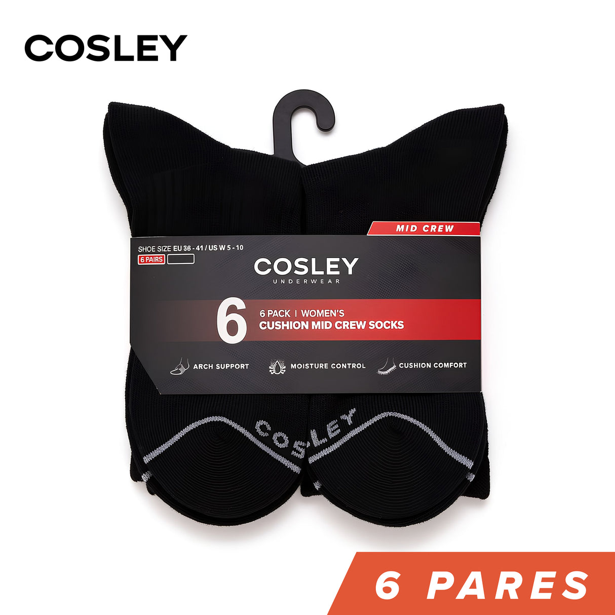 Calcetines Mujer Cushion Mid-Crew Black Cosley Pack 6