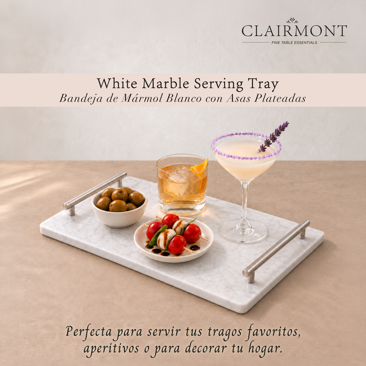Bandeja de Mármol Blanco con Asas Plateadas Clairmont 1 un