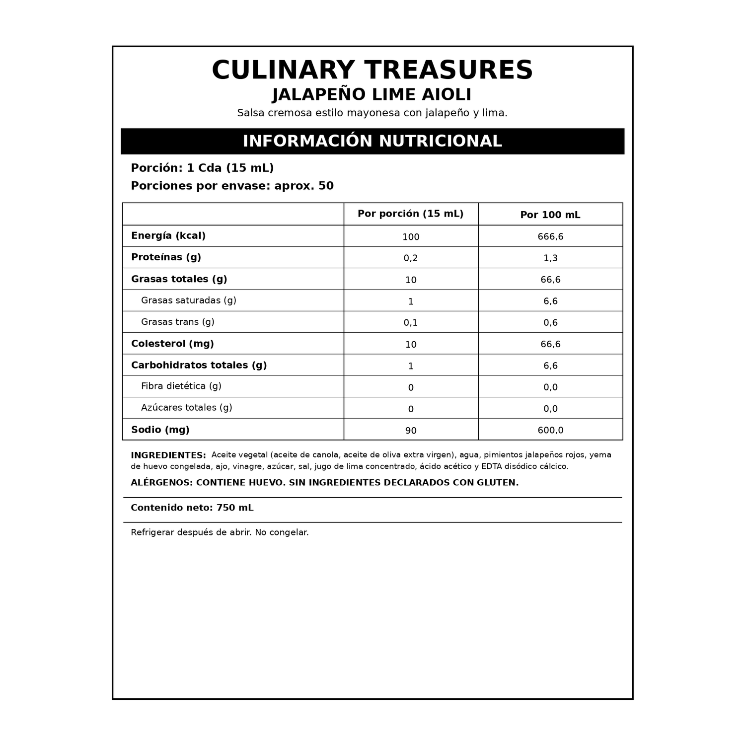 Salsa Jalapeño Lima Culinary Treasures 750 ml