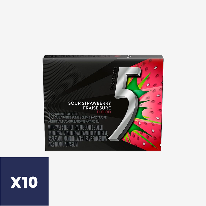 Chicles 5 Flood sin Azúcar Sour Strawberry Wrigley's 10 pack x 15 un