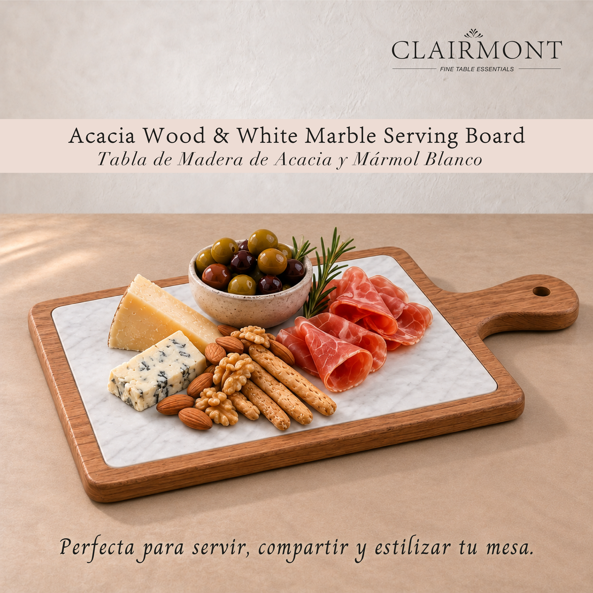 Tabla de Madera de Acacia y Mármol Blanco Clairmont 1 un