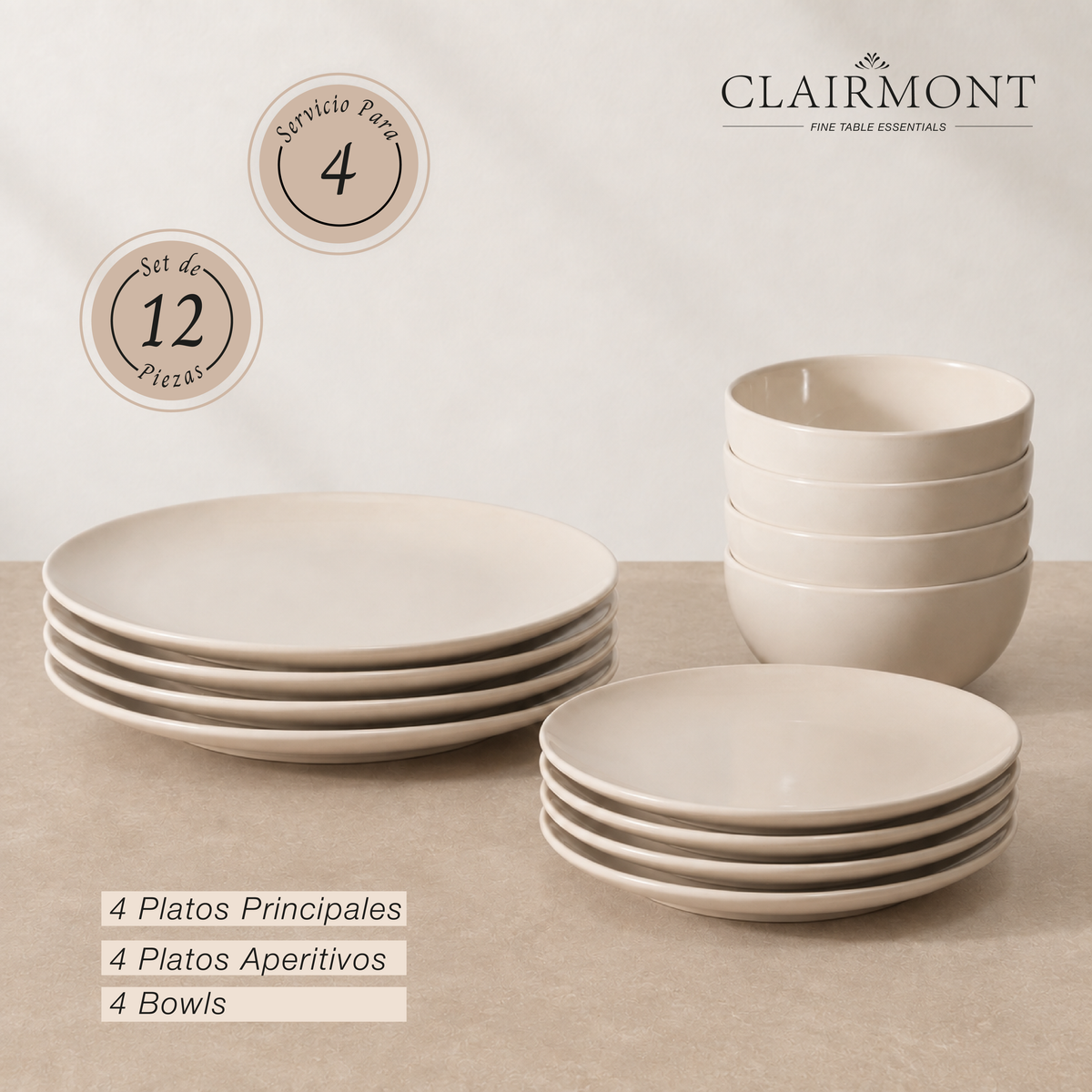 Set Vajilla 12 Piezas Crema Clairmont 1 un