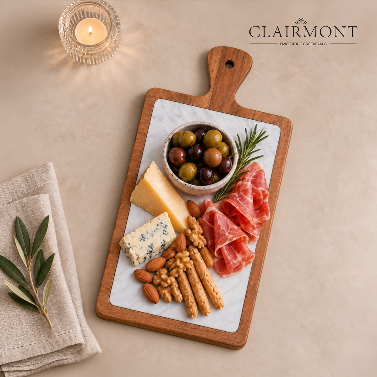 Tabla de Madera de Acacia y Mármol Blanco Clairmont 1 un