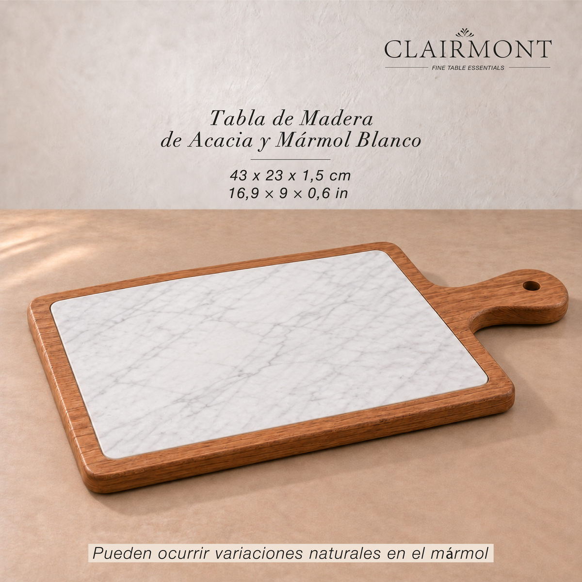 Tabla de Madera de Acacia y Mármol Blanco Clairmont 1 un