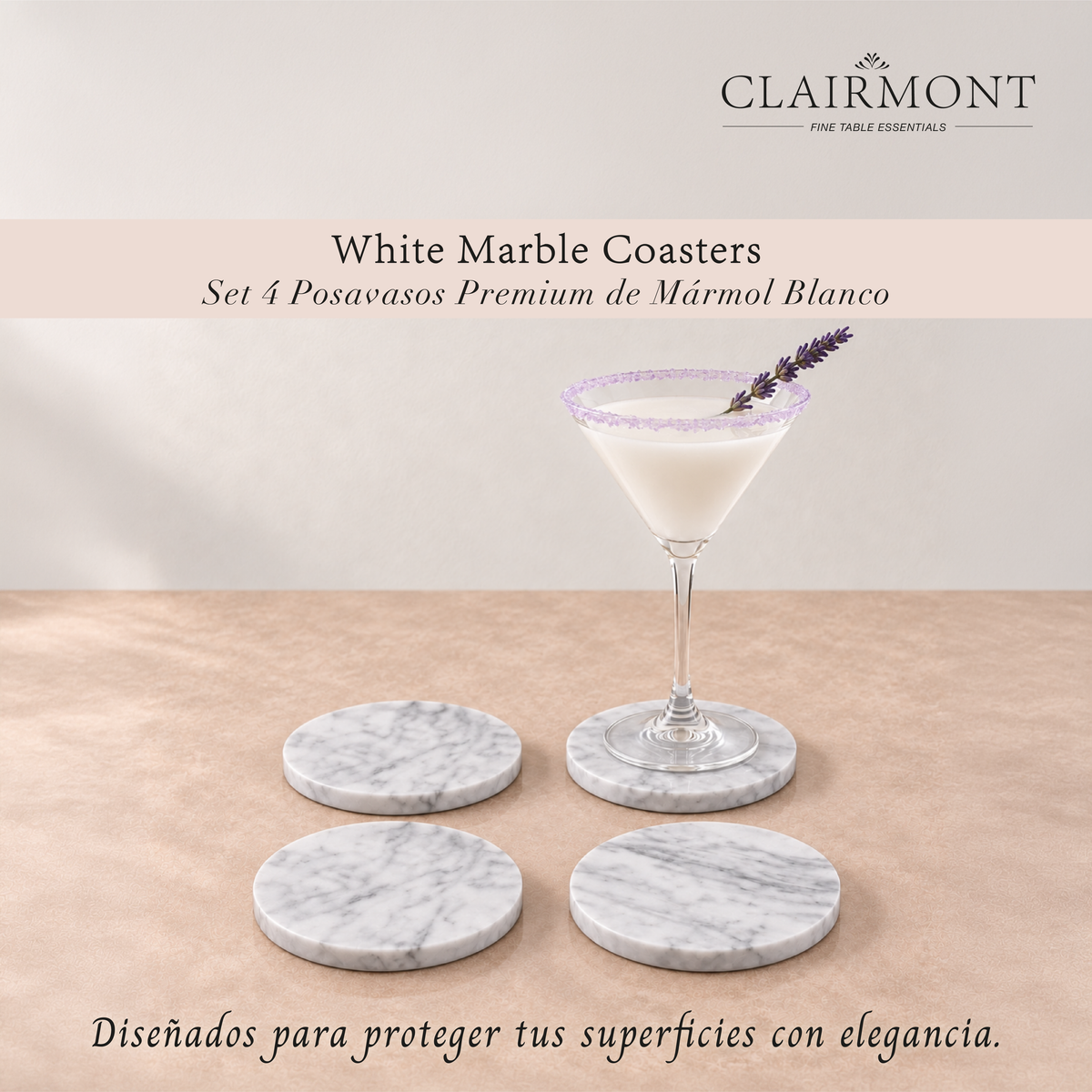 Set 4 Posavasos Premium de Mármol Blanco Clairmont 1 un