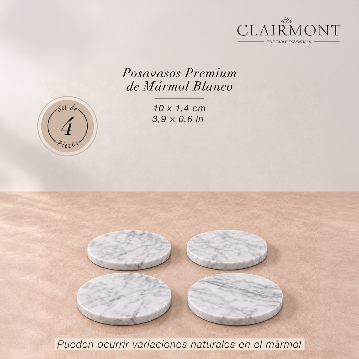 Set 4 Posavasos Premium de Mármol Blanco Clairmont 1 un