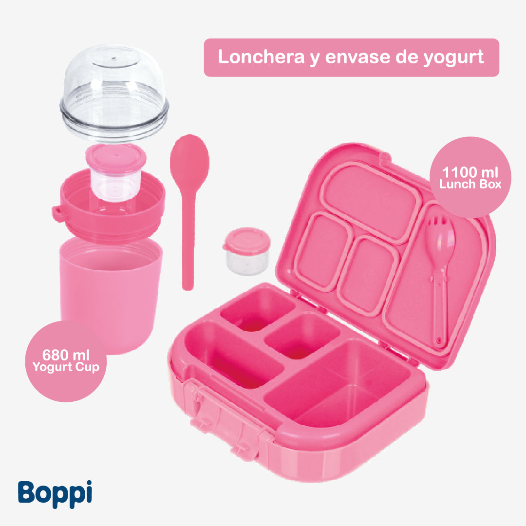 Lonchera Plástica 1100 ml con vaso yogurt 680 ml rosada Boppi 1 un