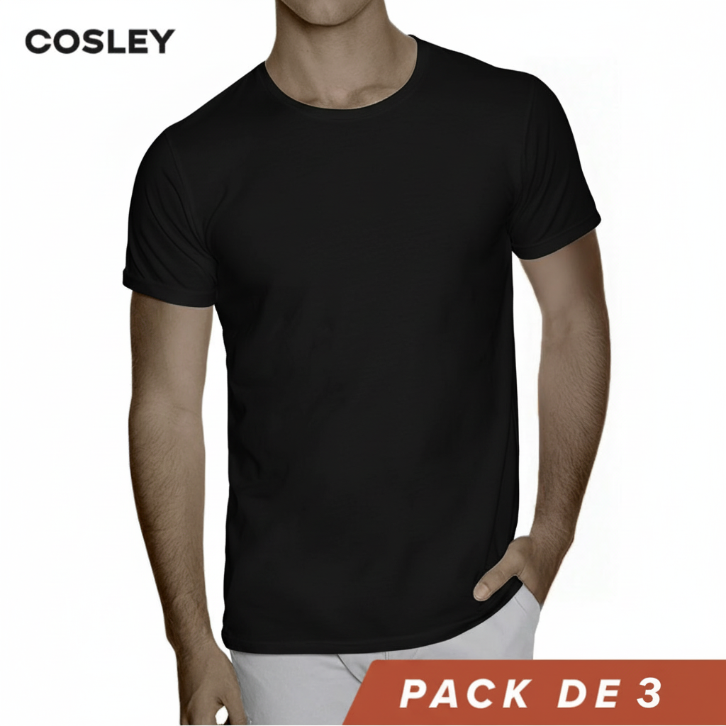 Poleras 100% Algodón Negras Cuello Redondo Pack 3 Cosley 1 un