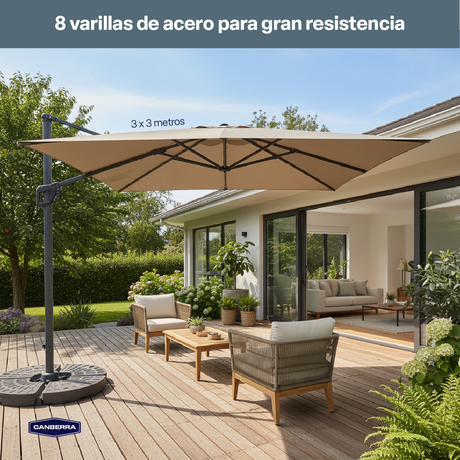 Set Quitasol de Terraza Cuadrado Aluminio Santorini 3M 360° Canberra 1 un con Base Plástica