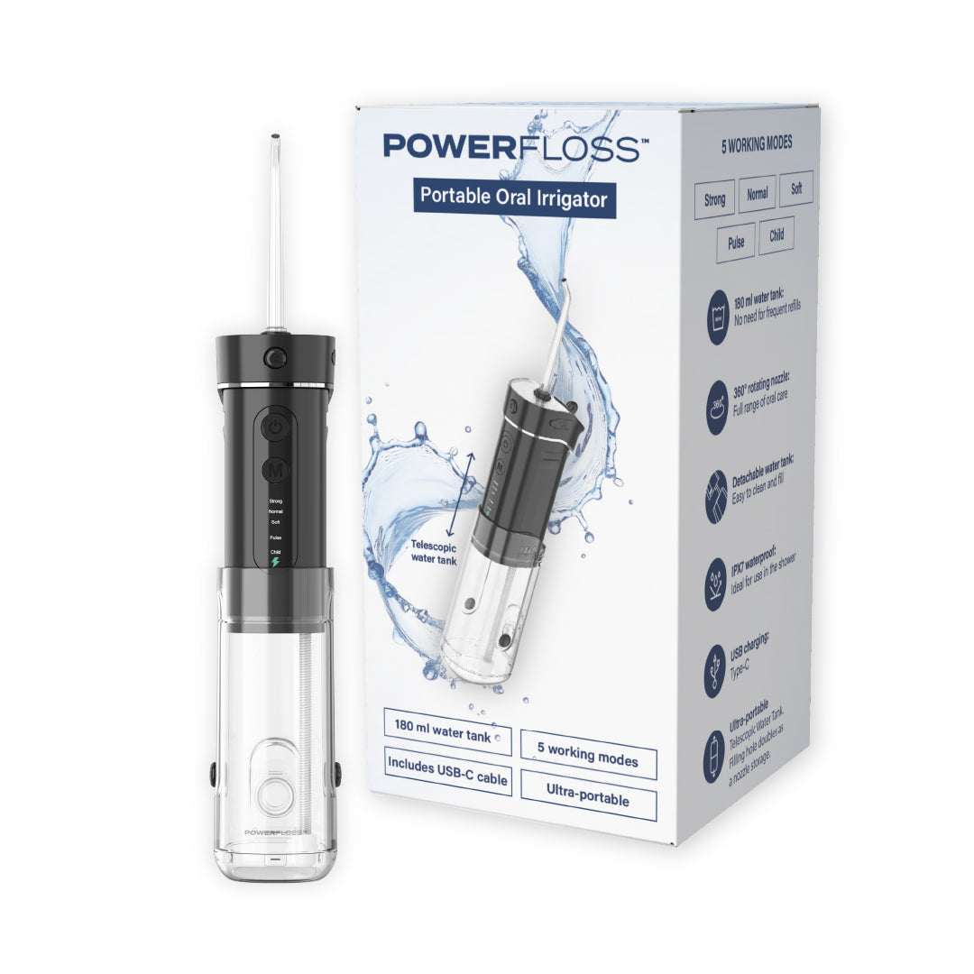 Irrigador Dental Portátil Telescópico Negro Con Tanque Powerfloss 1 un