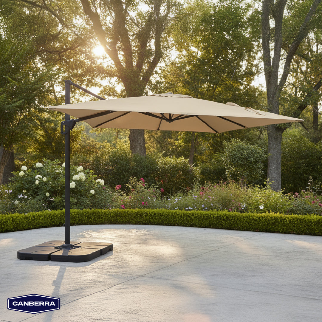 Set Quitasol de Terraza Cuadrado Aluminio Santorini 3M 360° Canberra 1 un con Base Plástica