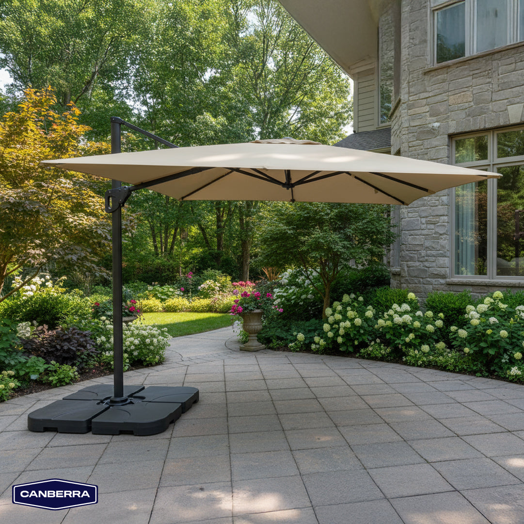 Set Quitasol de Terraza Cuadrado Aluminio Santorini 3M 360° Canberra 1 un con Base Plástica